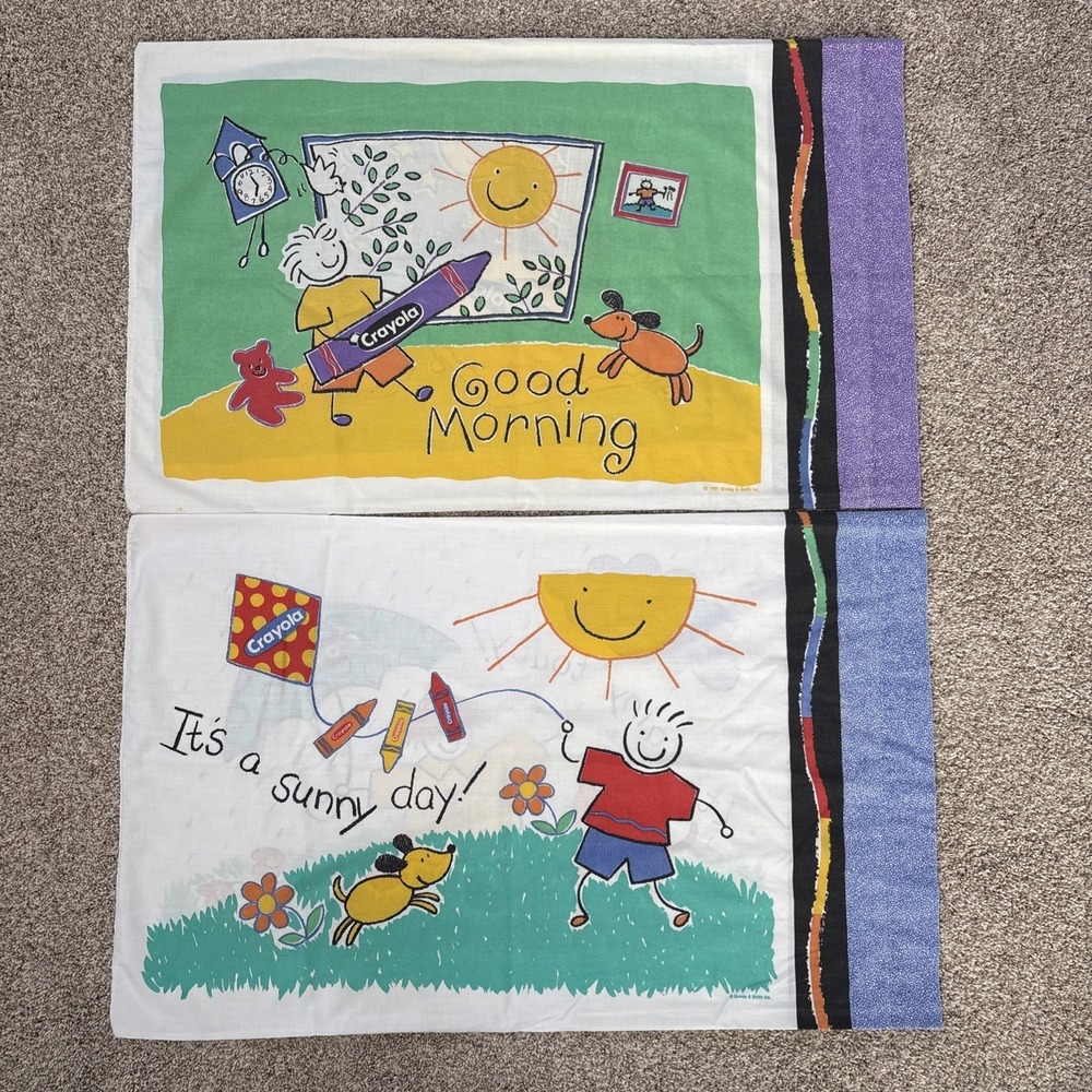Vtg 1991 Crayola Kids Cannon Pillow Cases Set Of 2‎ Sunny Morning Rainy Night